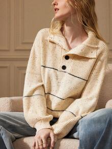 Écloséra Women's Casual Drop Shoulder Striped Button Half-Placket Pullover Sweater, Autumn/Winter