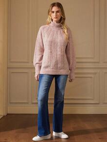 Écloséra 复古纯色高领钩针休闲长袖套头毛衣 - 藕粉色 - 查看 7