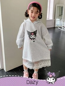DAZY HELLO KITTY AND FRIENDS | SHEIN 少女针织连帽撞色蕾丝长袖羊毛连衣裙 - 淺灰色 - 查看 5