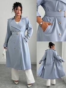 Elenzga 大码时尚休闲复古风格翻领双排扣经典中长款风衣，适合日常穿着、商务穿着、度假穿着