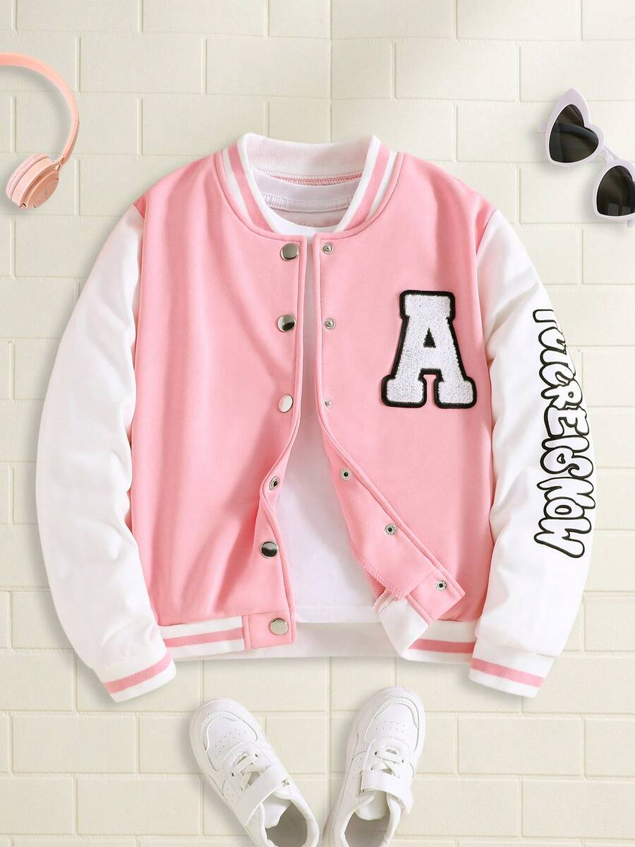 SHEIN Tween Girl 字母印花拼色长袖休闲棒球夹克,秋季 - 粉色 - 查看 1