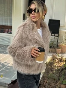 Livesso 女士休闲仿毛领短外套，秋季女式外套 - 卡其色 - 查看 6