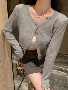 DAZY Áo thun nữ tay dài cổ tròn rộng rãi, hở trước, màu trơn, trang phục mùa thu - Màu be - Xem 3