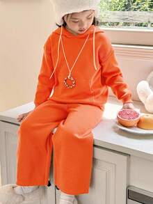 SHEIN Young Girls Casual Hooded Long Sleeve Sweater & Knit Pants Set Autumn Winter Clothes FoGirlen - Rust Brown - View 4