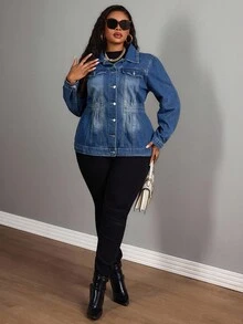 EMERY ROSE Winter Plus Size Women's Casual Single-Breasted Denim Jacket, Autumn - Dark Wash - View 4
