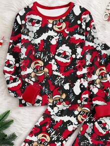 1 Conjunto de pijama de manga larga de ajuste ceñido con cuello redondo y estampado de Papá Noel y ciervos para niños adolescentes, primavera/otoño - Rojo - Ver 4