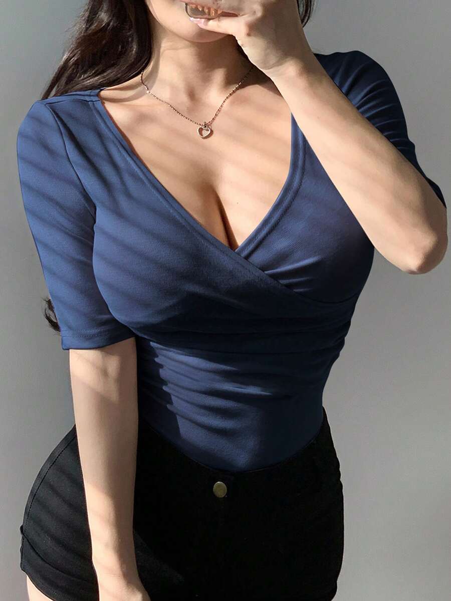 DAZY Fitted & Sexy V-Neck Women's T-Shirt, Spring/Summer - Navy Blue - View 1