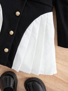 SHEIN Babygirl Infant Newborn Girl Fashion Design Cute Baby Girl Color Matching Leg Of Mutton Sleeve Single-Breasted Pleated Hem Fashion Dress, Leg Of Mutton Sleeve Black Dress, Fashionable Dress, Soft Fabric Cares For Baby's Skin, Is The First Choice For Mothers Shopping, Fashionable Design Cutting-Edge Fashion Design Can Be Worn Indoors And Outdoors, Simple Style, Suitable For Indoors, Outdoors, Daily, Sports, Play, Parties, Photo Shoots, Vacations, Festivals - Multicolor - View 6