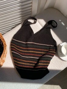 Comfortcana 女式休闲黑色条纹针织上衣，秋季 - 黑色 - 查看 3