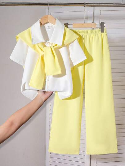 مجموعة مكونة من 3 قطع لفتيات المراهقات: قميص أصفر ذو أكمام قصيرة، شال، وبنطال كاجوال، أناقة كاجوال للربيع والصيف