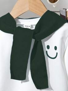 3pcs Baby/Toddler Cute Smiling Face Print Top, White Top, And Elastic Waist Pants Tracksuit Set, Suitable For Birthday Party, Evening Event, Performance, Wedding, Back To School - Dark Green - View 6