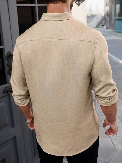 Manfinity Homme Men's Solid Color Plain Button-Front Urban Long Sleeve Shirt, For Husband, Beige Men Shirt