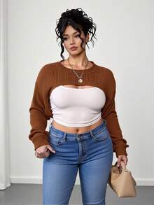 SHEIN Elenzya 女士加大码纯色简约长袖超短款针织套头衫，适合日常穿着，秋冬季款 - 鏽棕色 - 查看 3