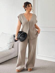 Lounesse Plus Size Women Casual All-Match Solid Color Knitted 2 Pieces Set, Comfortable & Versatile For Urban Slouchy Lifestyle/Winter - Khaki - View 4