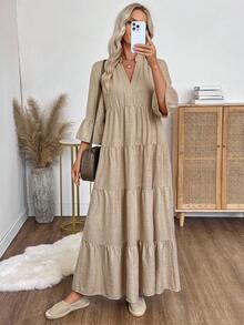 EMERY ROSE Women's Autumn Simple Notched Collar Ruffle Hem Tiered Linen Maxi Dress,Khaki Boho Long Sleeve Casual Vacation Outfits For Party Wedding Guest Chic - Khaki - View 3