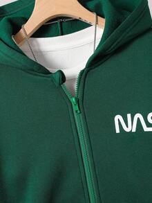 SHEIN 青少年男孩简约印花连帽衫和裤子两件套 - 綠色 - 查看 6