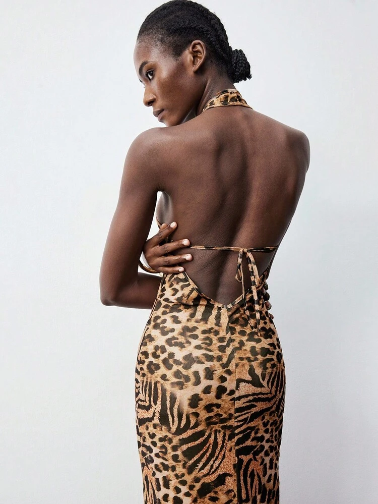 SHEIN Maija 여성 패셔너블 애니멀 프린트 홀터 백리스 드레스, 여름