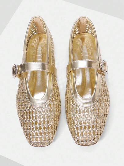 MOTF PREMIUM NUEVOS ZAPATOS DE RED DE PESCA DE MODA RETRO FRANCESES DE ORO PARA PRIMAVERA Y VERANO, CON PALABRA DE MUJER, PUNTERA CUADRADA, SUELA PLANA, TIPO MARY JANE, LIGEROS, CÓMODOS Y VERSÁTILES, TRANSPIRABLES Y RESISTENTES AL DESGASTE, NO LASTIMAN LOS PIES, ELEGANTES Y CASUALES, ZAPATOS DE PLAYA DE ALTA GAMA