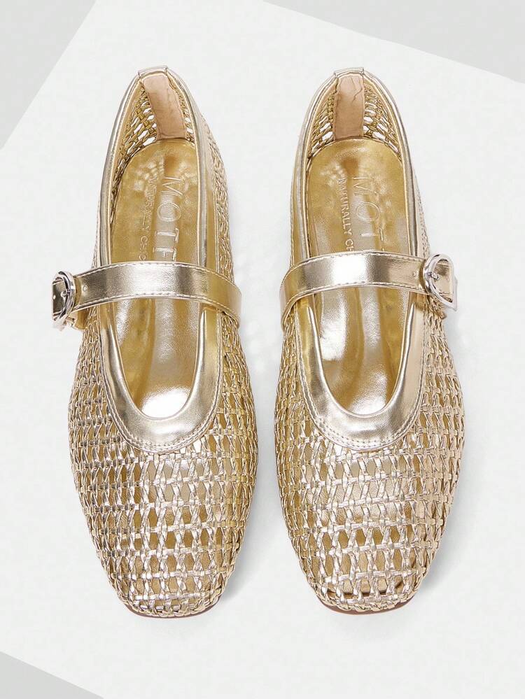 SPRING AND SUMMER NEW FRENCH GOLD FASHION RETRO HOLLOW WOVEN FISHING NET SHOES WOMEN'S WORD WITH BALLET SHOES SQUARE TOE FLAT BOTTOM MARY JANE LIGHT, COMFORTABLE AND VERSATILE, BREATHABLE AND WEAR-RESISTANT, DOES NOT HURT THE FEET, CASUAL ELEGANT, HIGH-END BEACH SHOES SPRING SHOES