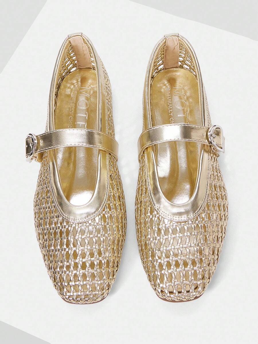 MOTF PREMIUM 春夏新款法式金色复古镂空编织渔网女鞋，方头平底玛丽珍鞋，轻便舒适，百搭透气耐磨，不伤脚，休闲优雅，高端沙滩鞋 - 金色 - 查看 1
