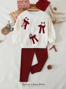 Cozy Pixies 2 Stücke/Set Kleine Mädchen Weihnachten Candy Cane Farbblock Schleife Dekor Rundhals Langarm Kapuzen Sweatshirt und Jogginghose mit elastischem Bund - Rot - Übersicht 7