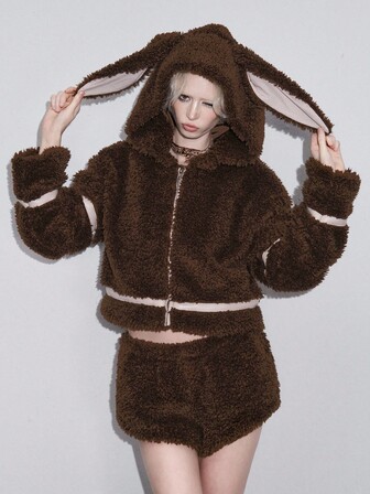 ROMWE Avant 2 pezzi Set di giacca e pantaloncini morbidi e caldi con orecchie da coniglio stile Y2K Baddie Kawaii