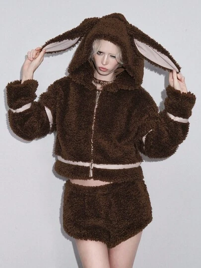 ROMWE Avant 两件套 Y2K Baddie Kawaii 兔耳朵宽松保暖蓬松夹克和短裤套装