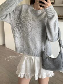 SHEIN Teen Girls Floral Pattern Solid Color Crew Neck Sweater, 3D Flower Decor, Suitable For Winter, Halloween Fall - Light Grey - View 8