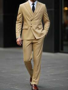 Manfinity Mode Men's Solid Color Lapel Neck Long Sleeve Double Breasted Blazer And Pants Casual Suit Set, Old Money - Khaki - View 1