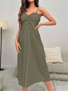 SHEIN Ladies' Solid Color Simple Everyday Pajama Set, Fall Winter Clothes - Olive Green - View 5