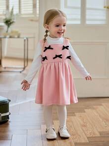 Souflis Souflis 2pcs Baby Girls' French Casual Velvet Ribbed Top & Pink Pinafore Dress Set,Cute Matching Family Pink And White Autumn Outfit With Bow Accent,Toddler - Pink - View 3