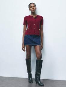 Maija Women's Metal Button Decor Short Sleeve Knit Cardigan, Urban Commute Business Casual Basic Top, Elegant Office, Party & Gathering Wear, Autumn/Winter - Burgundy - View 3