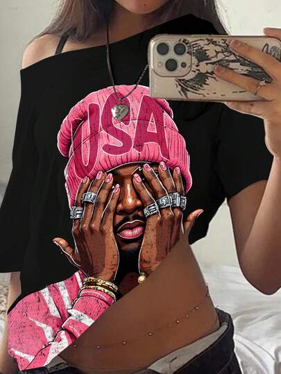 SHEIN EZwear 女士休闲简约黑色人物图案露肩宽松短袖T恤