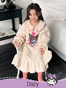 DAZY HELLO KITTY AND FRIENDS | SHEIN 少女冬季卡通刺绣彼得潘领睡衣套装，秋冬 - 米色 - 查看 2