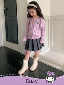 HELLO KITTY AND FRIENDS | SHEIN DAZY 年轻女孩休闲日常通勤和学校风格可爱卡通字母刺绣麻花针织纽扣开衫