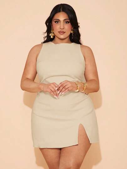 SHEIN BAE 新款加大码黑色短款露背开衩连衣裙，春夏季，女士生日礼服