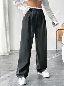 Flirla Women's Fashion Commuter Contrast Waistband Straight Leg Pants