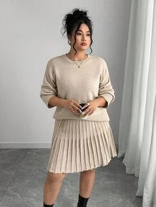 Elenzga Solid Color Crew Neck Knit Top + Pleated Skirt Minimalist Plus Size Sweater Dress Set - Khaki - View 4