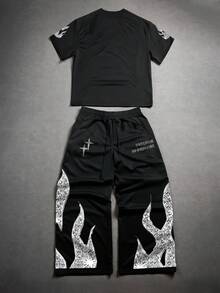 Manfinity EMRG 男士圆领短袖T恤和抽绳长裤两件套，时尚潮流自由灵魂黑色套装 | 纽约嘻哈自由女神像图案T恤 + 火焰图案长裤 | 超舒适宽松版型 | 暗黑系情侣装 | 街头摄影必备 - 黑色 - 查看 3
