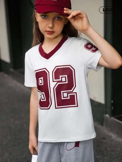 Hanevo 2pcs/Set Casual Sporty Girl Style Number Graphic V-Neck Short Sleeve Top And Wide Leg Pants Suit Set Outfit