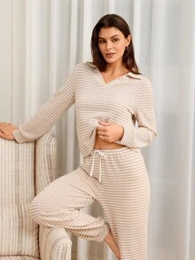 SHEIN 女士休闲提花针织领长袖上衣和裤子家居服套装舒适优雅细节，秋季服装 - 卡其色 - 查看 4