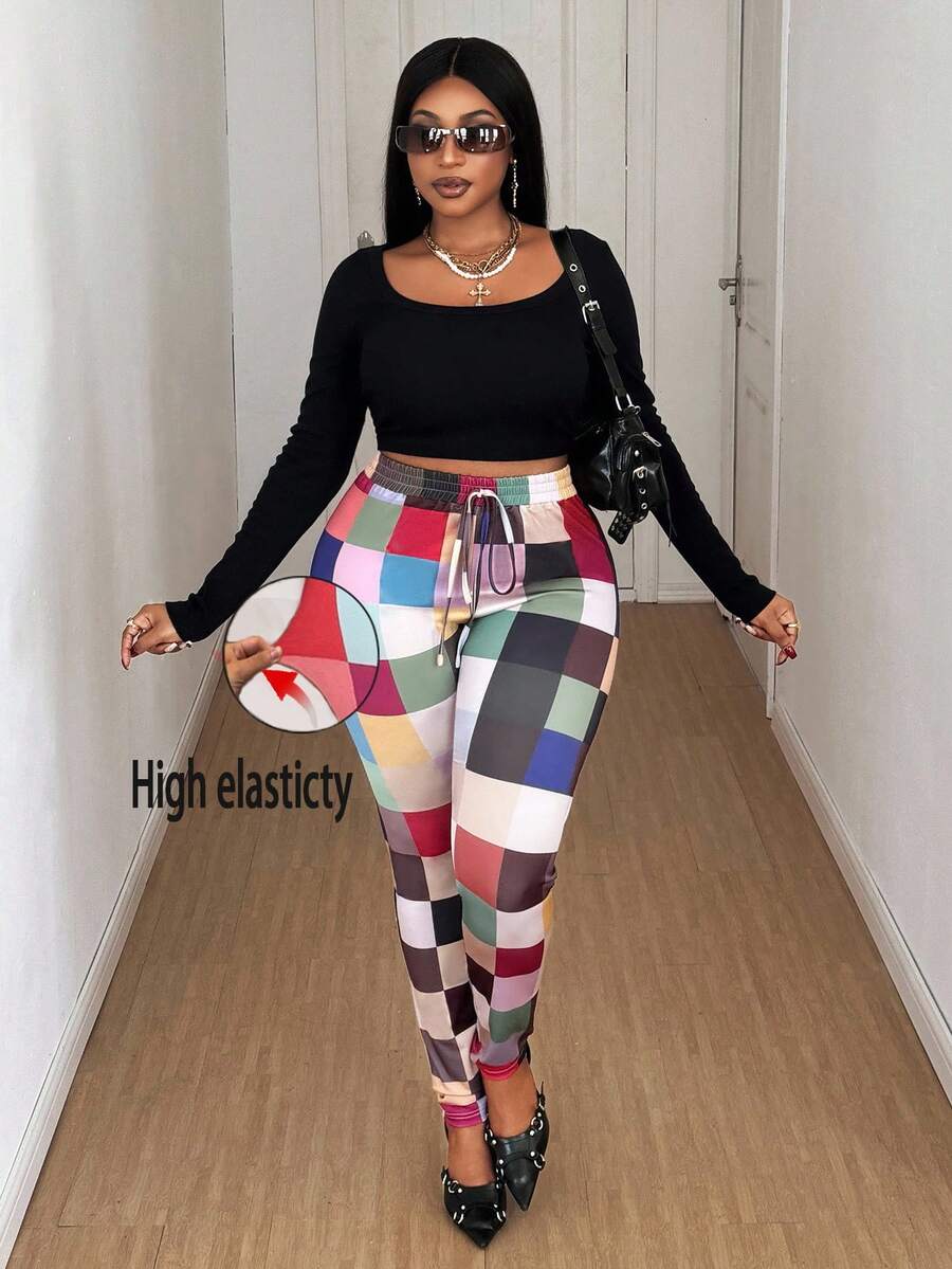 Maweii Quần kẻ caro lưng thun nhiều màu cổ điển cỡ lớn dành cho nữ - Nhiều màu - Xem 1