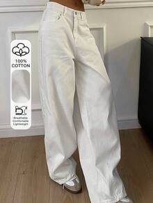 Dazy Tall Women's Pocket Design Casual Loose Straight-Leg White Jeans - White - View 1