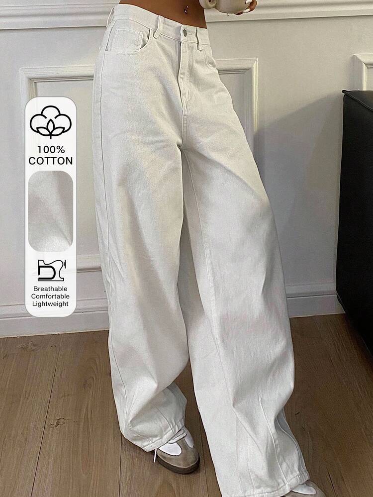 Women's Pocket Design Casual Loose Straight-Leg White Jeans
