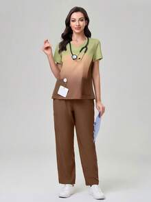 TaskEZ 渐变色短袖上衣和纯色裤子手术服套装 - 咖啡棕 - 查看 2