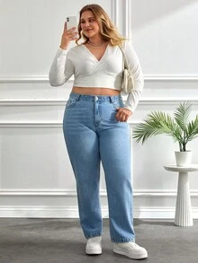 SHEIN Cottnline 100%Cotton Plus Size Water Washed Mom Style Jeans Mom Jeans - Medium Wash - View 5