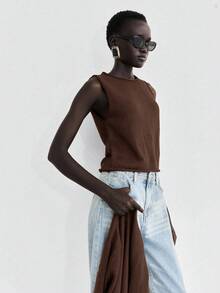 Lumivelle 2 件针织长袖开衫和无袖针织背心套装，百搭 - 棕色 - 查看 4