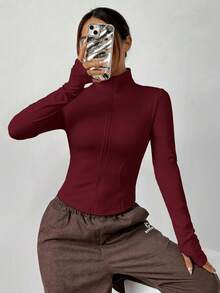 SHEIN EZwear Áo khoác chống nắng thời trang ôm sát, cổ đứng, tay raglan, màu đỏ rượu vang, dành cho nữ, mùa thu/đông - Màu Đỏ Sâu - Xem 5