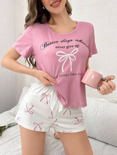 蝴蝶结 & 字母印花短袖短裤睡衣套装