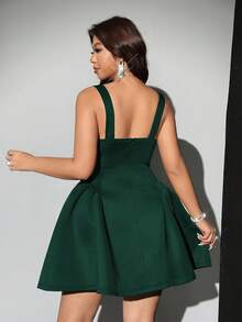 Viva Relle Plus Size Women's Elegant Simplistic Solid Color Shell Trim Heart Bust Cinched Waist Spaghetti Strap Dress, Summer - Dark Green - View 5